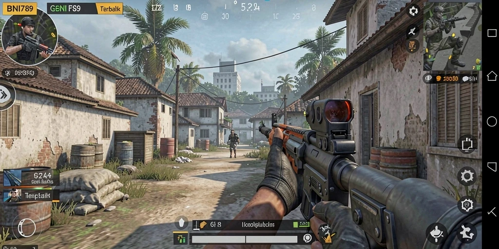 Screenshot BNI789 menampilkan pertempuran intens dalam game FPS.