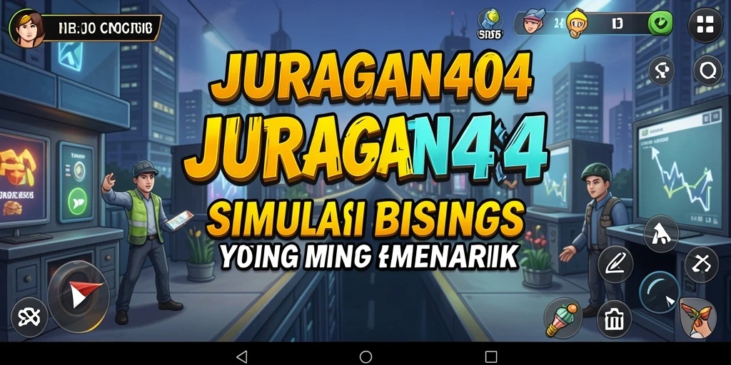Screenshot utama JURAGAN404 yang menunjukkan gameplay bisnis yang dinamis.