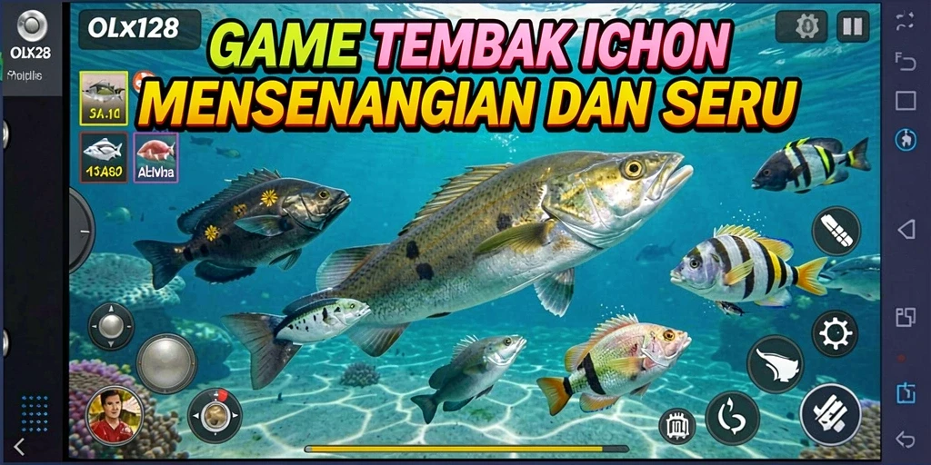 Screenshot gameplay OLX128 menampilkan aksi seru berburu ikan.