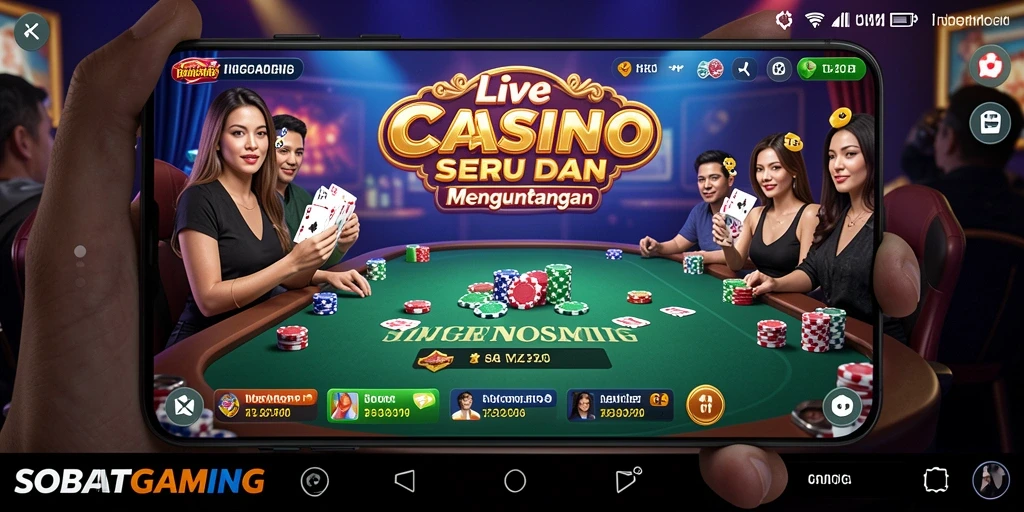 Screenshot gameplay SOBATGAMING menampilkan dealer cantik dan permainan yang mendebarkan.